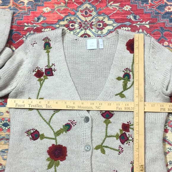 🌲J.JILL Oatmeal Hand Knit Wool Blend V Neck Embroidered Long Length - Picture 6 of 8